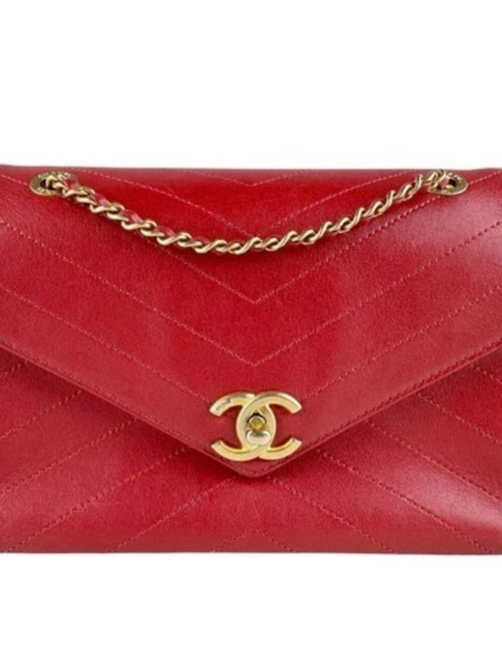 Auth CHANEL V Stitch Chian Shoulder Bag Red/Gold Leather/Metal - z9609